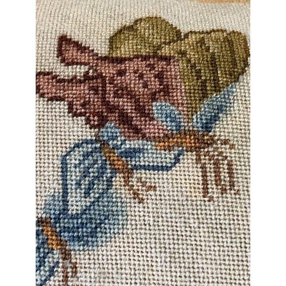 Vintage Embroidery Needlepoint Pillow Case Butterfly Flowers - Picture 6 of 10